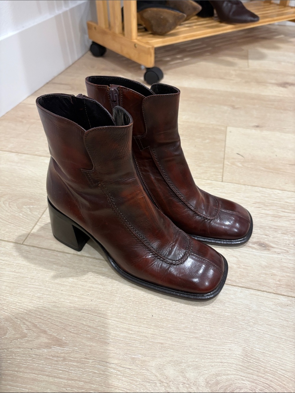 Women's Brown Leather Ankle Boots with Block Heel